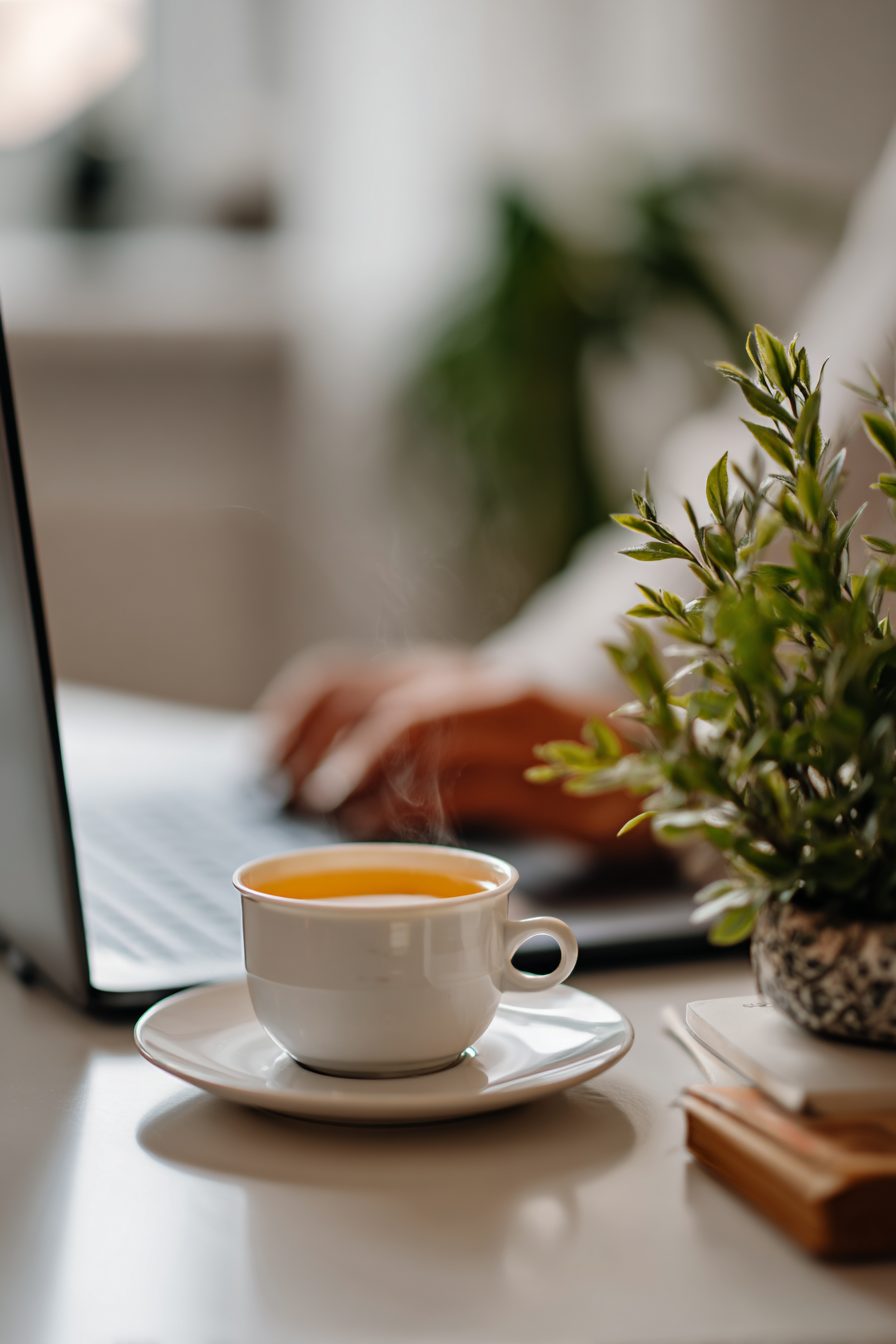 A person working from a peaceful, ergonomic home office setup.