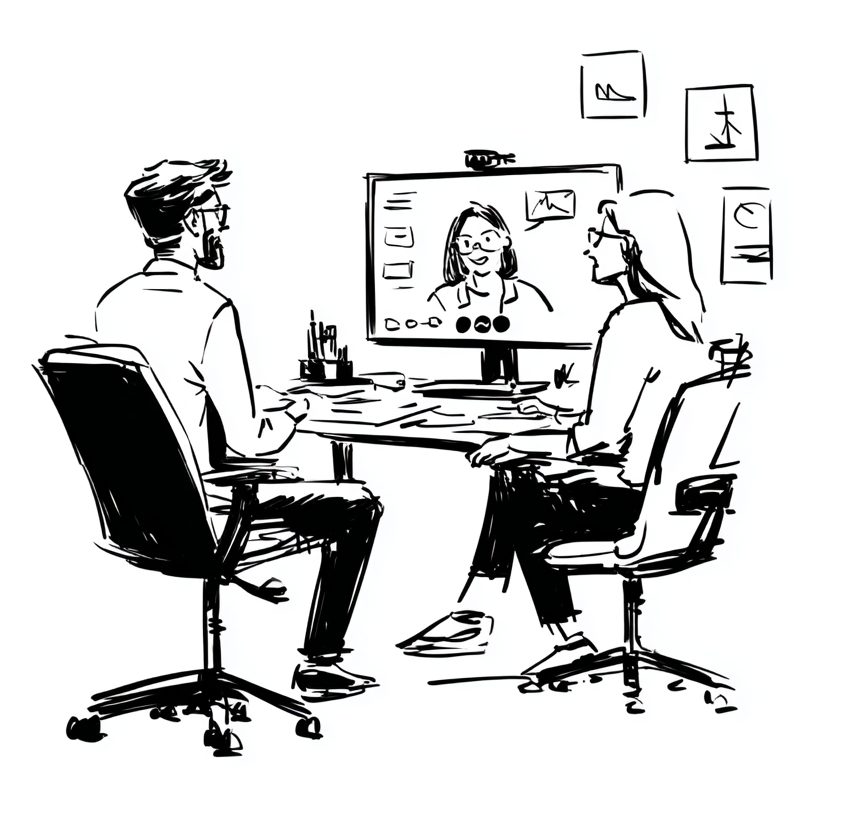 An illustration of a manager and employee communicating virtually with their team.